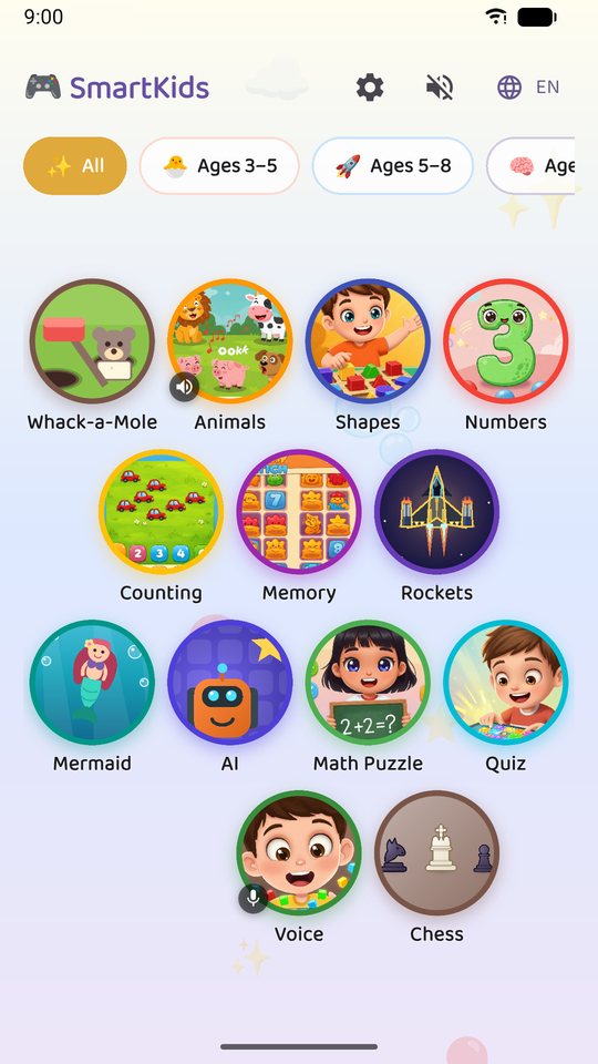 The Hootle home screen: a round button for each game.